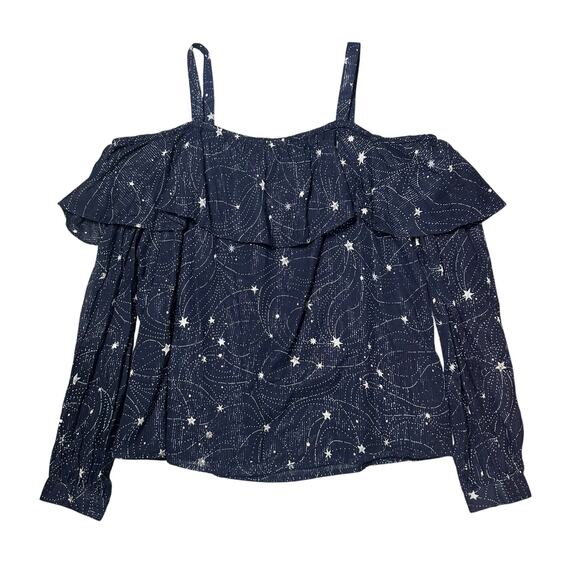 Anthropologie Floreat Navy Blue Star Print Long Sleeve Cold Shoulder Blouse NEW - Picture 1 of 7